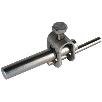 Metalen klem op een buis, bevestigd met een schroef bovenaan. Geschikt voor het bevestigen of verbinden van buisdelen.