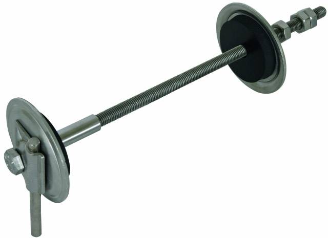 Staaf met twee draadbouten, moeren en ringen aan de uiteinden. Gebruik deze voor bevestiging of mechanische verbindingen.
