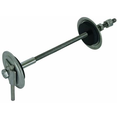 Staaf met twee draadbouten, moeren en ringen aan de uiteinden. Gebruik deze voor bevestiging of mechanische verbindingen.