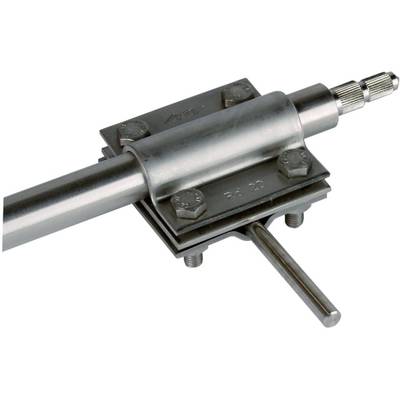 Een metalen cilinder met meerdere schroeven en een bevestigde rail, duidelijk onderdeel van een groter mechanisch systeem.