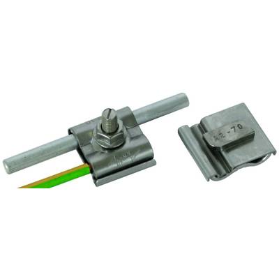 Metalen verbindingselementen: Links een set aardingsklemmen met schroeven en kabel, rechts een enkele afdekking.