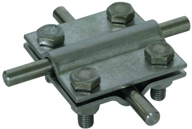 Metalen verbindingselement met vier schroeven en twee stangen, toont een mechanische klemconstructie voor het bevestigen van stangen.