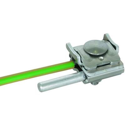 Metalen klem met groene en bruine draad, bevestigd met twee schroeven.