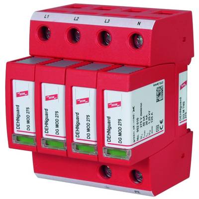 Een rood overspanningsbeveiligingsapparaat van het merk DEHN. Het heeft meerdere modules en aansluitingsmogelijkheden, herkenbaar aan de labels L1, L2 en L3.