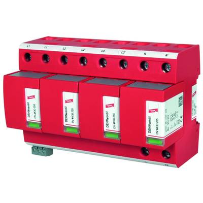 Een rood overspanningsbeveiligingsapparaat met het opschrift 'DEHNguard', herkenbaar aan meerdere ingangs- en uitgangsporten voor elektrische leidingen.
