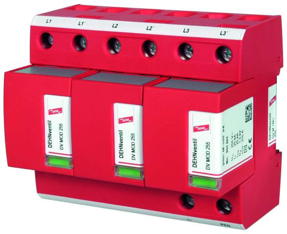 Rood overspanningsbeveiligingsapparaat met drie modules, gemarkeerd als L1, L2, L3, voor de bescherming van elektrische systemen tegen overspanningen.