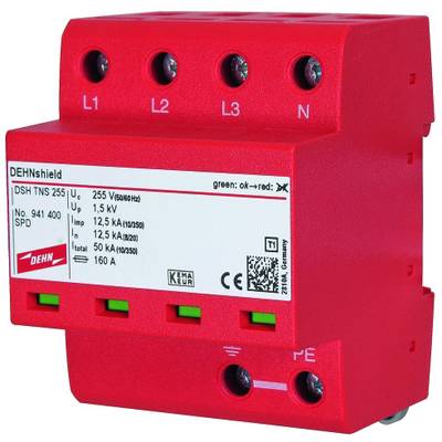 Rode overspanningsbeveiliging voor driefasige systemen met vijf aansluitingen, model 'DEHNshield DSH TNS 255', met een serienummer.