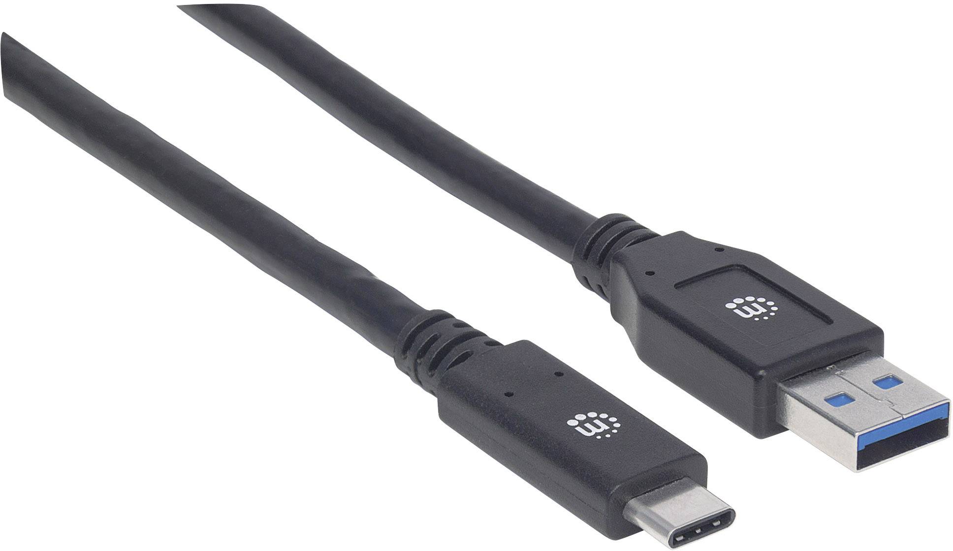 Een zwart USB-kabel met USB-C- en USB-A-aansluitingen naast elkaar, gebruikt voor gegevensoverdracht en opladen.