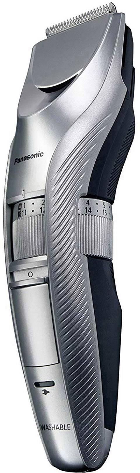 Elektrische tondeuse met verstelbare messen en ergonomische handgreep, zilver design, merk aangegeven.