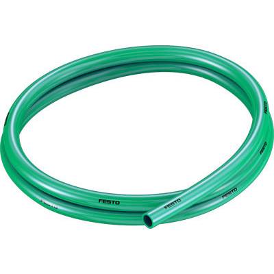 Groene pneumatische slang in cirkelvorm, met 'Festo'-opdruk, geschikt voor persluchtinstallaties.
