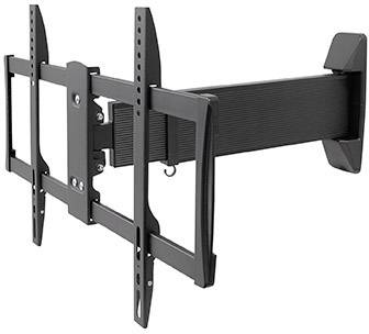 Wandbeugel voor tv, zwart, met verstelbare armen en bevestigingselementen, geschikt voor het ophangen van een flatscreen televisie.