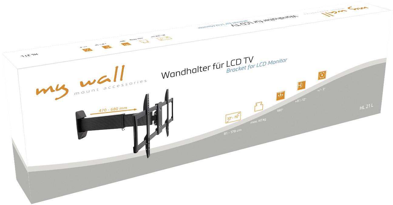 Wandsteun voor LCD-TV, geschikt voor 470-800 mm. Verpakking toont steun en montage-opties. Merk: my wall.