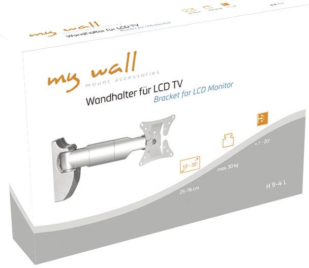 De verpakking toont een wandsteun voor LCD-tv van 'my wall'. Geschikt voor 10"-30" schermen, draagt tot 30 kg.