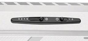 Bedieningspaneel van een afzuigkap, toont schakelaars en de standen 0 tot 3 voor de ventilatorsnelheid evenals lichtsymbolen.