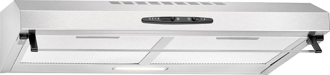 Afzuigkap in roestvrij stalen look, met twee filters en bedieningspaneel in het midden, geschikt voor keukenventilatie en rookafvoer.