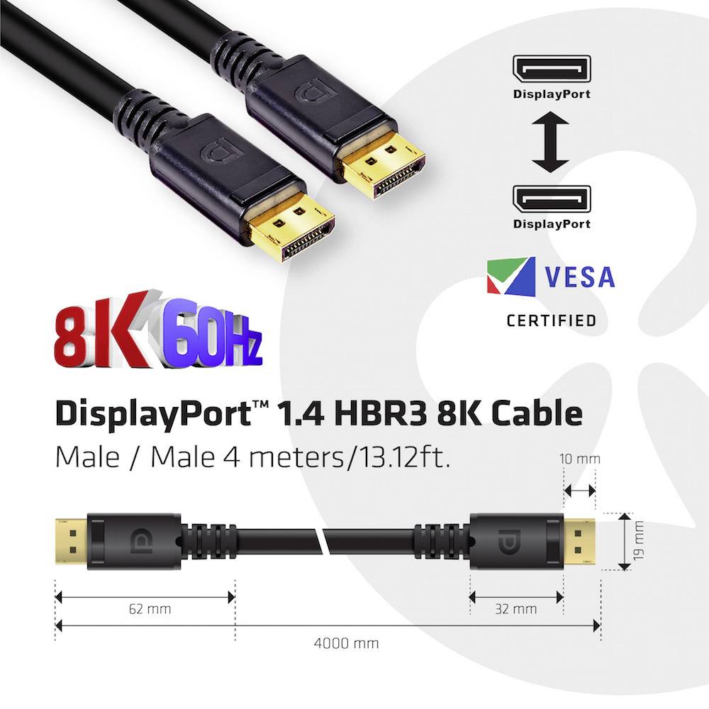 DisplayPort 1.4 HBR3 8K Kabel. Twee aansluitingen, 4 meter lang. Compatibel met DisplayPort, VESA gecertificeerd.