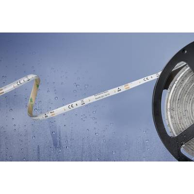 Een rol led-lichtstrip, gedeeltelijk uitgerold, voor een achtergrond met waterdruppels.