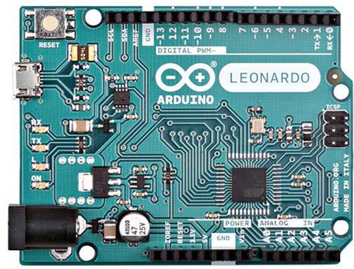 Arduino Leonardo Microcontrollerkaart met USB-aansluiting, verschillende aansluitingen en labels voor digitale en analoge pins.