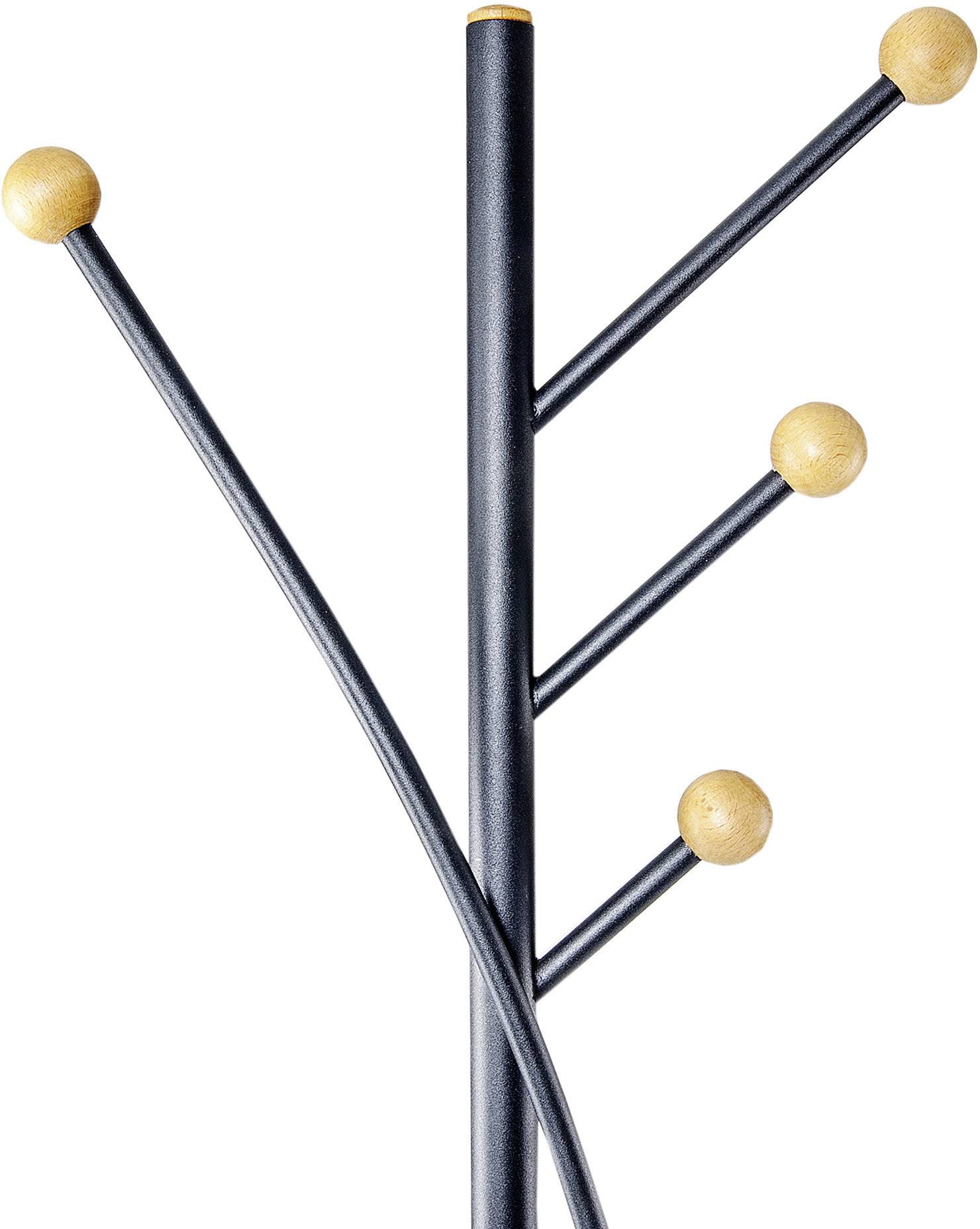 Een moderne kledingstandaard met een zwart metalen stam en meerdere vertakkende armen, elk voorzien van houten bolkoppen.