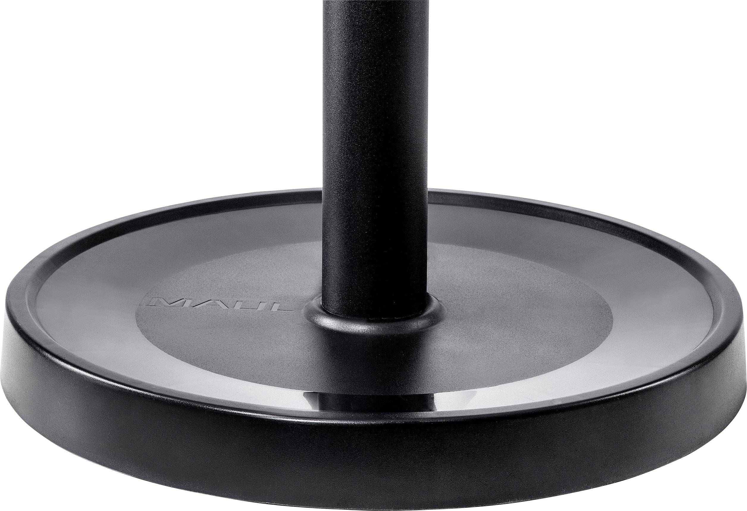 Een zwarte, ronde lampvoet met een centrale stang.