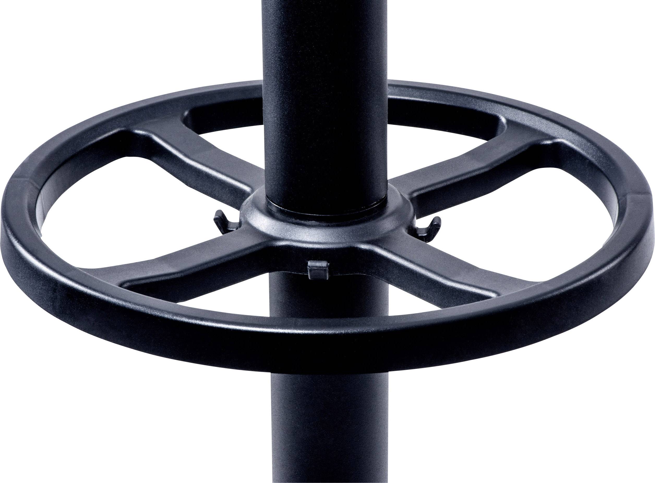 Zwart metalen voetenkruis, rond, met vier spaken, aangebracht rond een staaf.