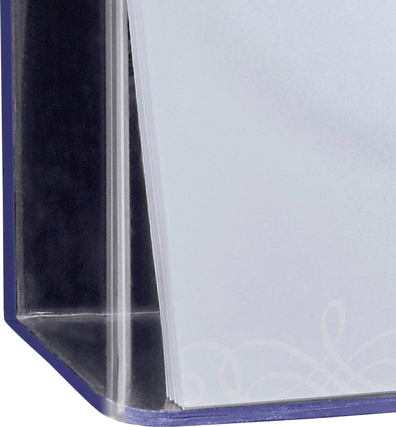 Een transparante, staande acryl-brochurehouder met blauwe rand. Hij is leeg en bedoeld voor het presenteren van informatieve materialen.