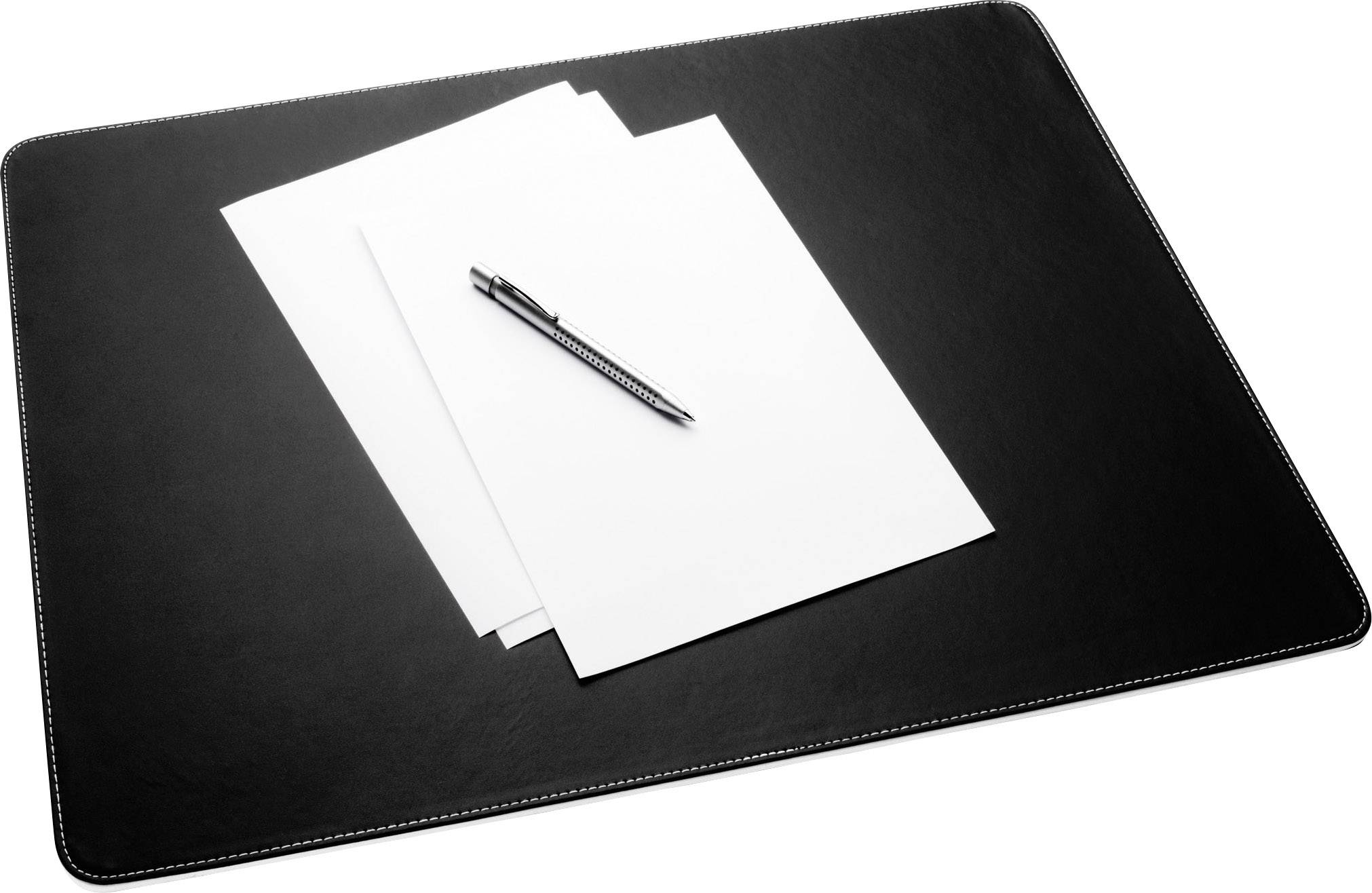 Zwarte bureauonderlegger met een witte stapel papier en een zwarte balpen erop.