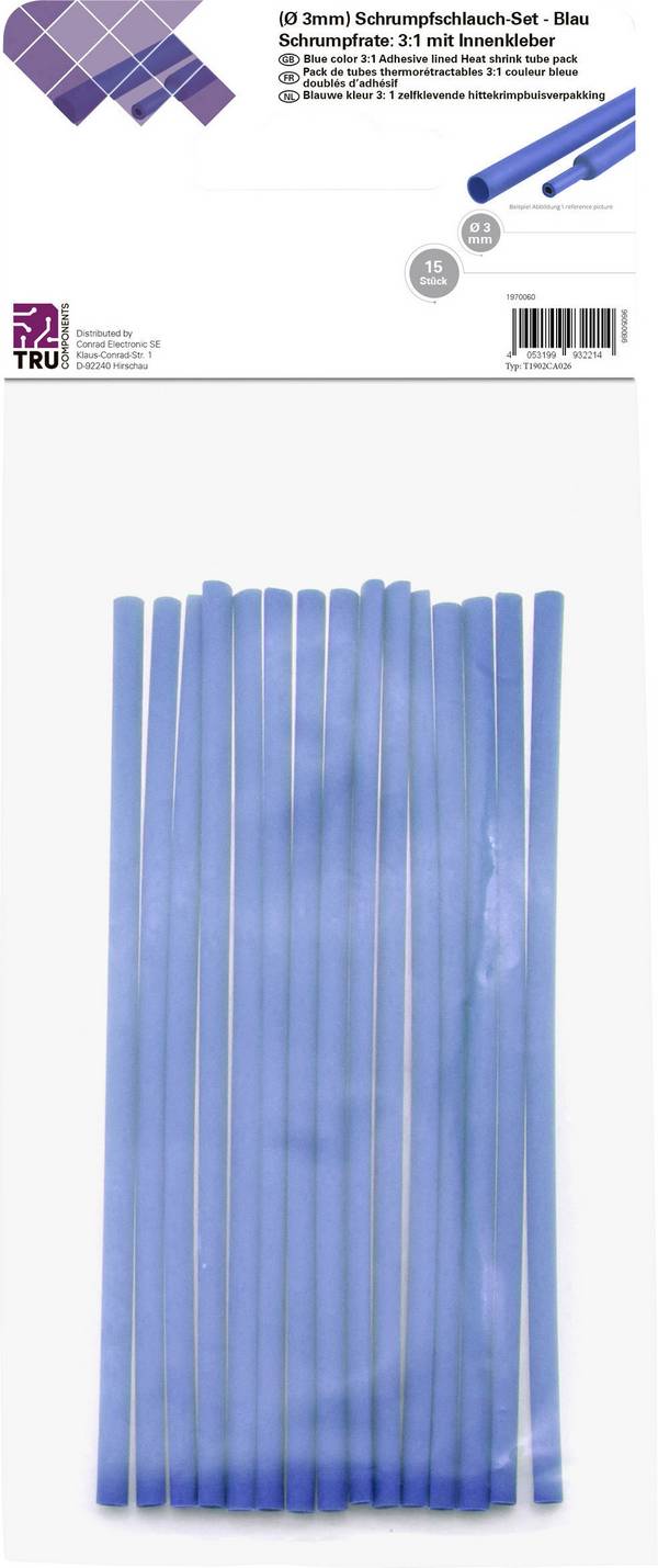 TRU COMPONENTS T1902CA026 Krimpkous assortiment Blauw 3 mm 1 mm Krimpverhouding:3:1 15 stuk(s)