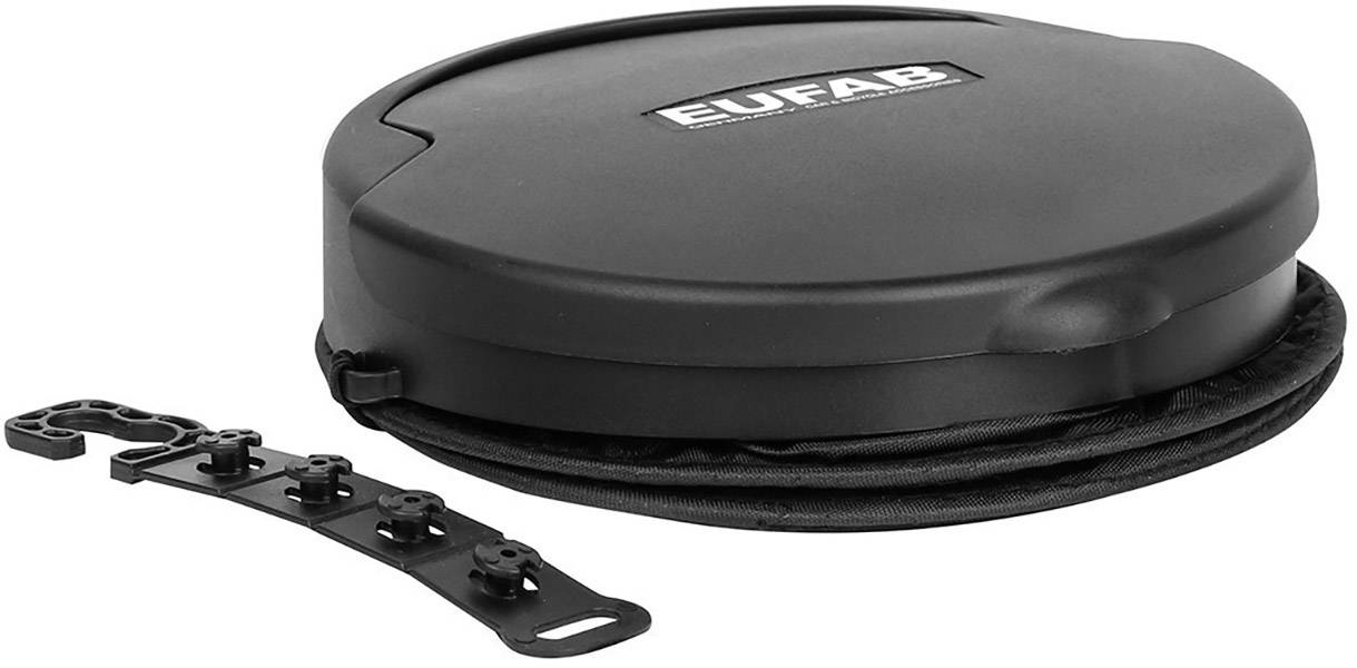 Een rond, zwart hardcase van EUFAB, voor het opbergen van fietsaccessoires, met naast zich een bevestigingsvoorziening.