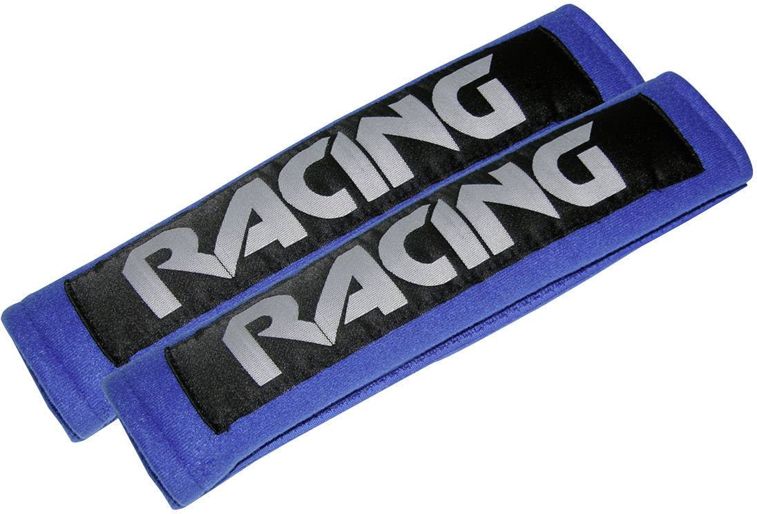 Twee blauwe veiligheidsgordelhoes met de zilveren opdruk 'RACING'.