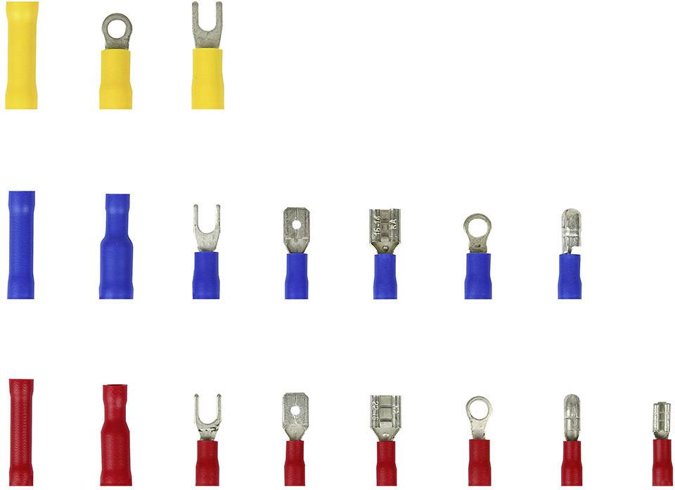 'Weergave van verschillende kabelschoenen in geel, blauw en rood, elk in verschillende vormen voor elektrische verbindingen.'