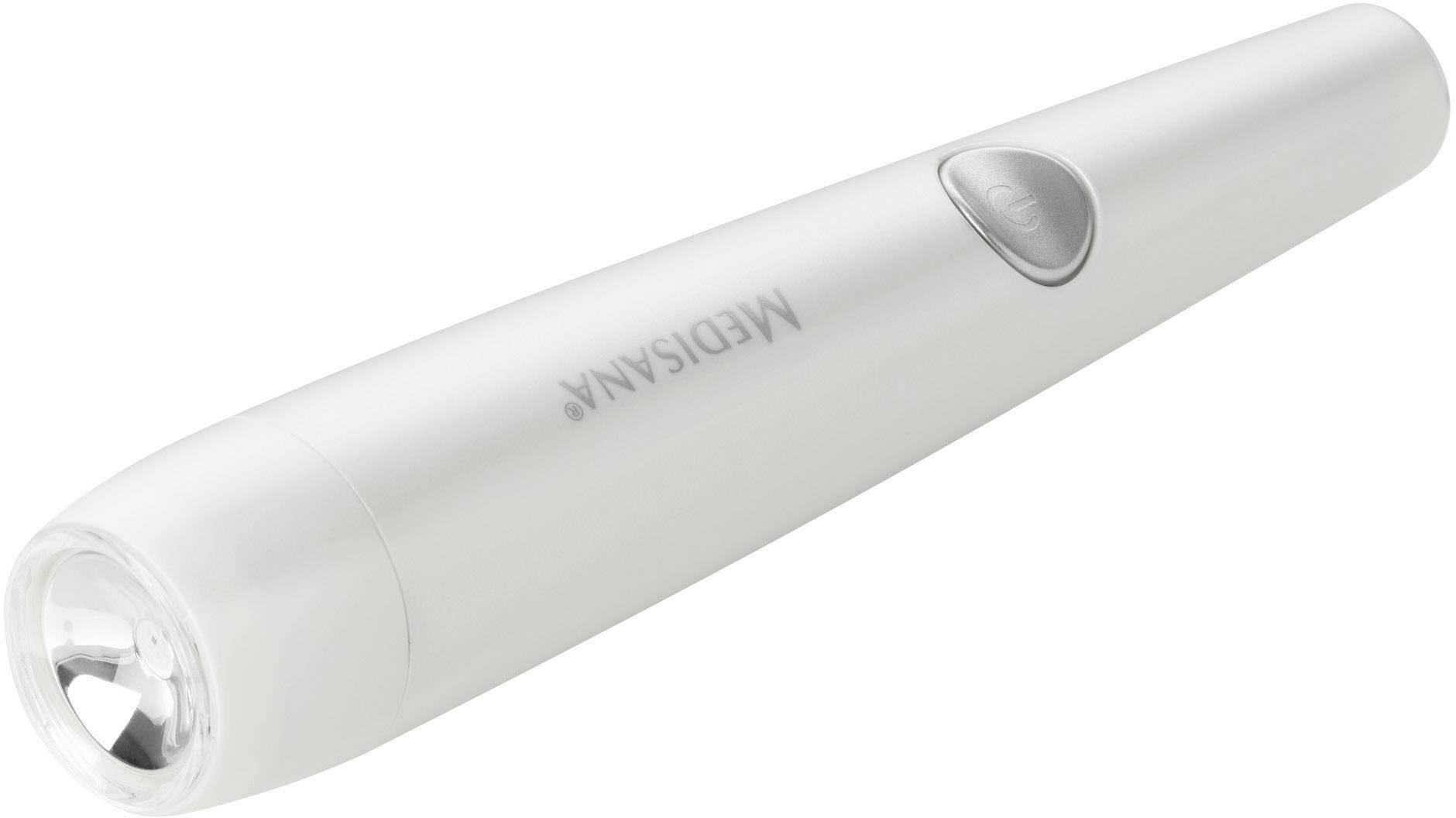 Een handzaam, wit medisch apparaat met led-verlichting aan de voorkant, geschikt voor gerichte behandelingen of analyses.