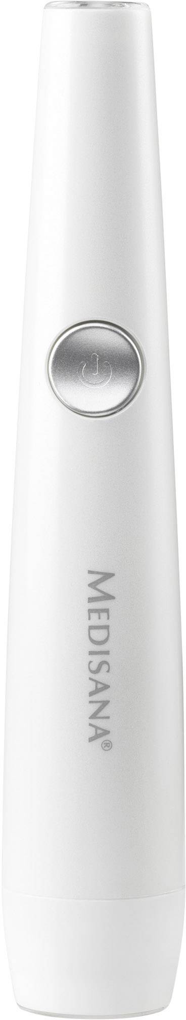 Een wit, handzaam apparaat met een centrale knop en het logo 'MEDISANA' aan de voorkant.