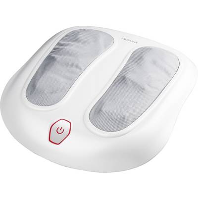 Een wit voetmassageapparaat met twee grijze massagevlakken en een rode aan-uitknop aan de voorkant.
