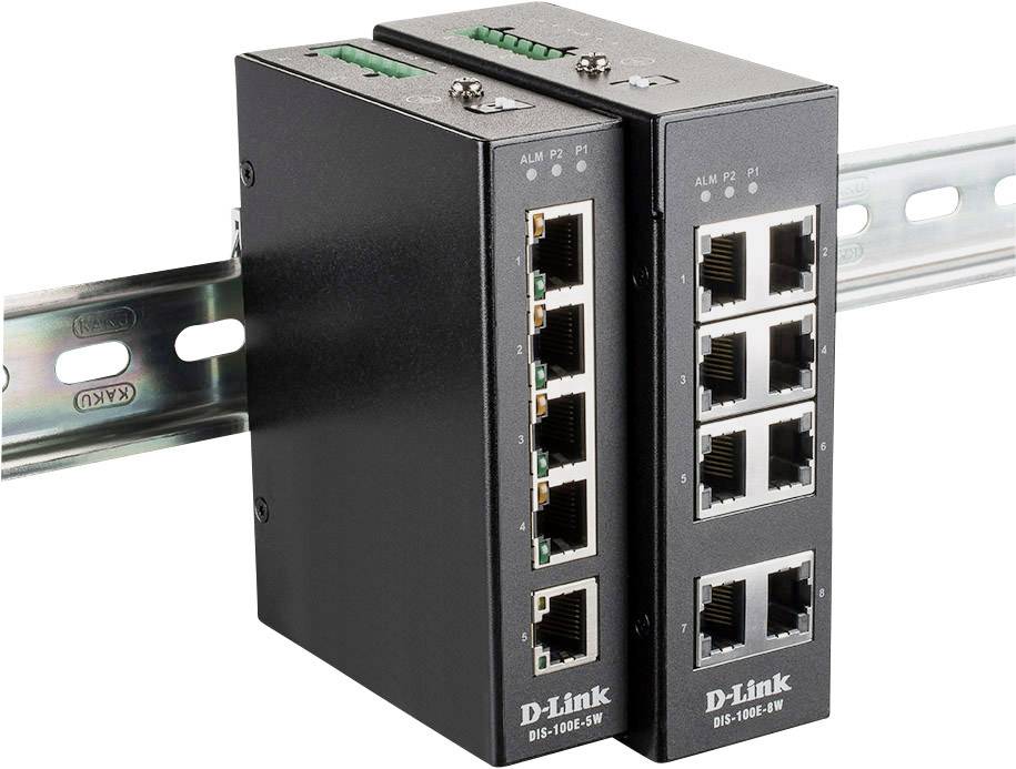 Twee industriële Ethernet-switches van D-Link, model DIS-100E-8W, gemonteerd op een DIN-rail, beschikken elk over acht Ethernet-poorten.