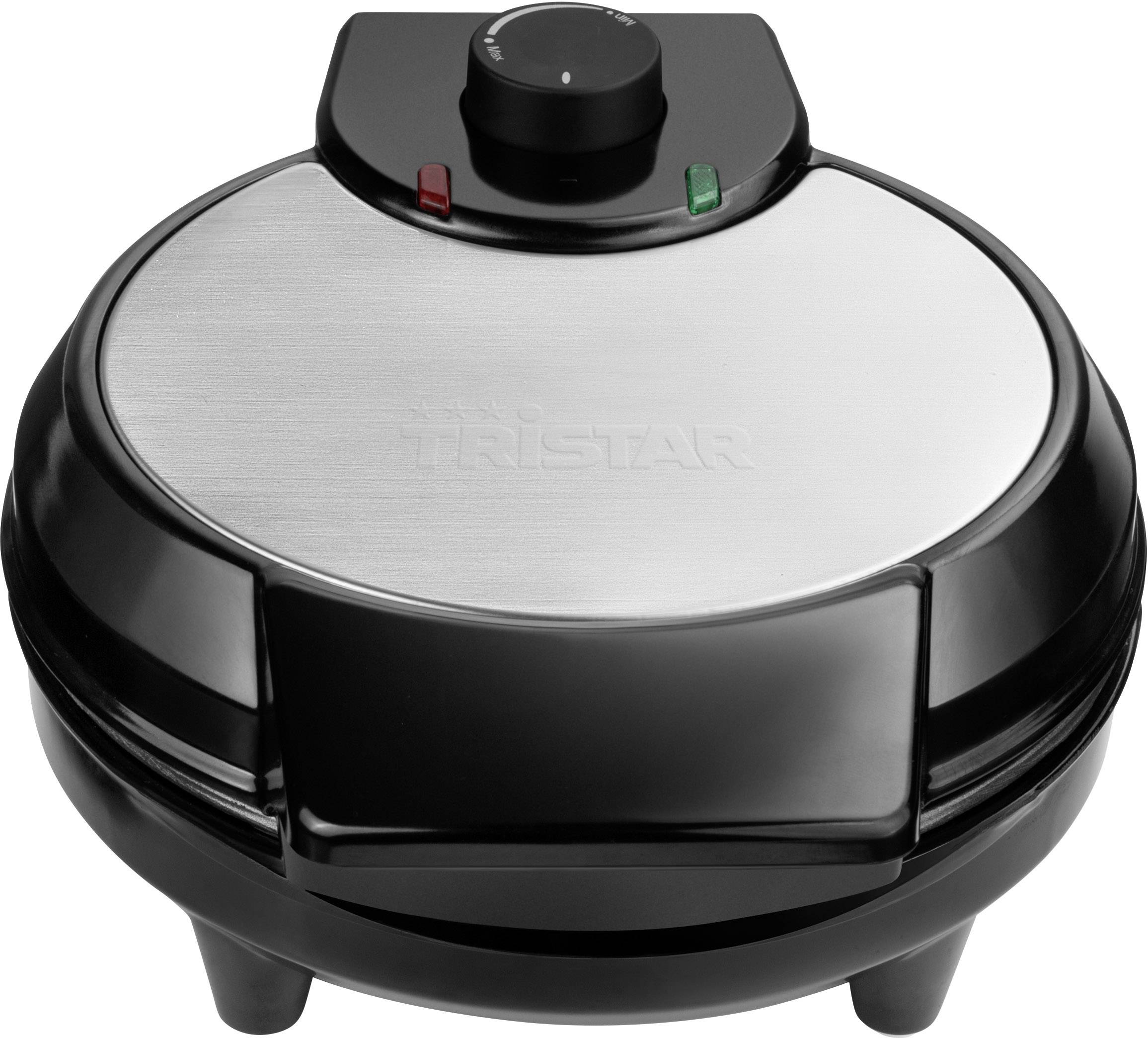 Een ronde, zwarte wafelijzer met een zilveren oppervlak en twee controlelampjes. Bovenaan bevindt zich een temperatuurregelaar.