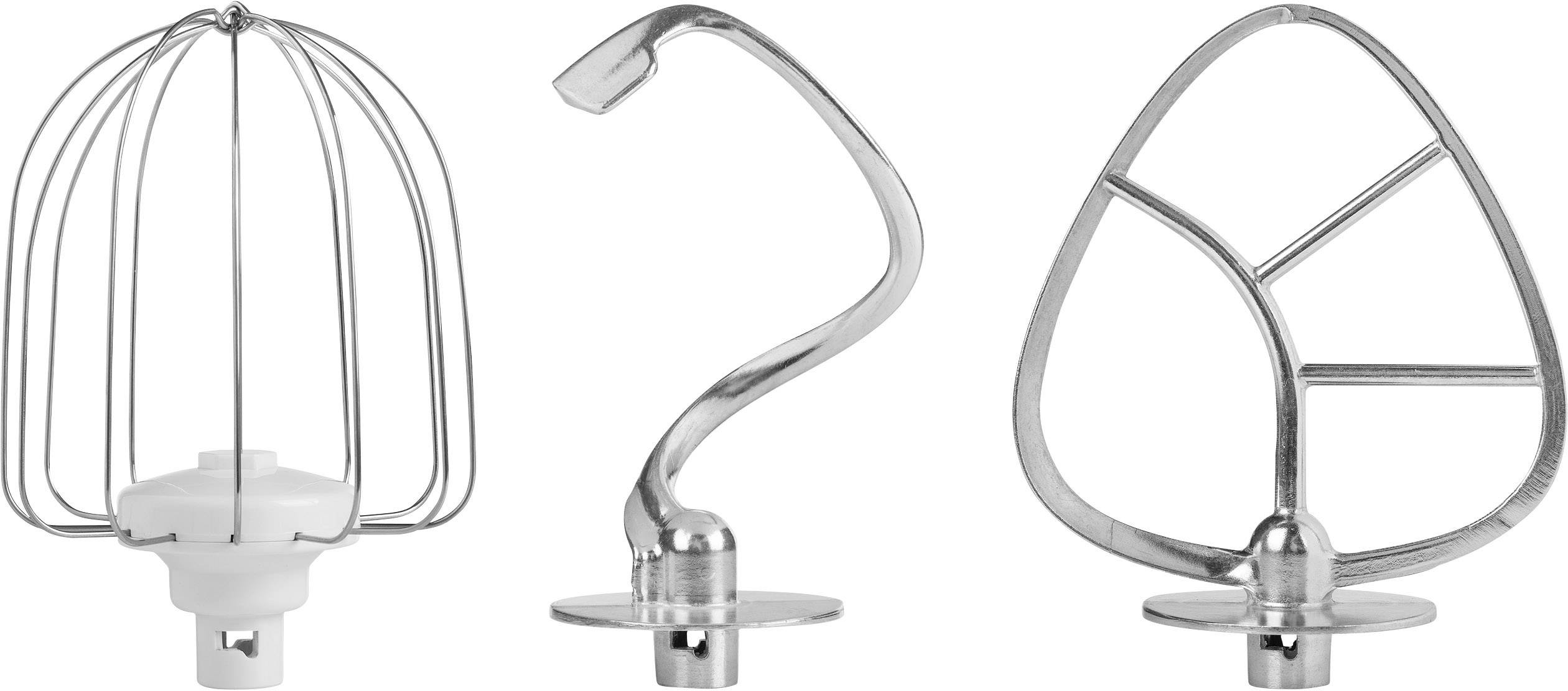 Drie verschillende gardes: een garde, een deeghaak en een mengblad voor een keukenmachine, allemaal vervaardigd uit metaal.