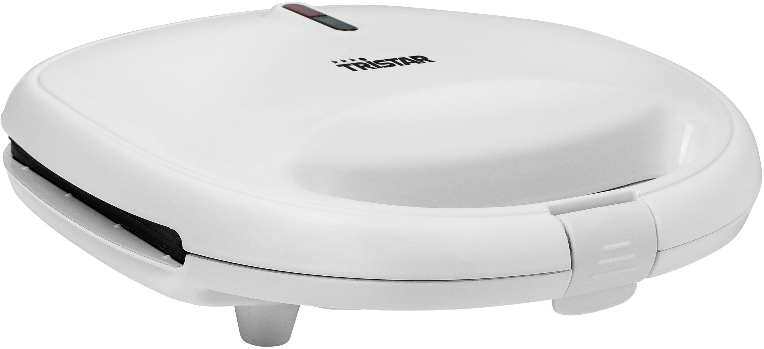 Een wit, ovaal tosti-apparaat met een merklogo op de bovenkant en een controlelampje.