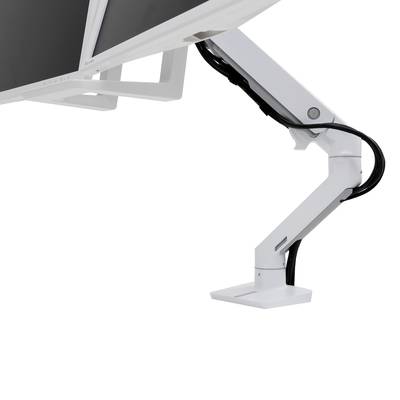 Een witte, verstelbare monitorarm van metaal die op een bureau kan worden bevestigd. Hij tilt en verlaagt een beeldscherm voor ergonomische aanpassing.