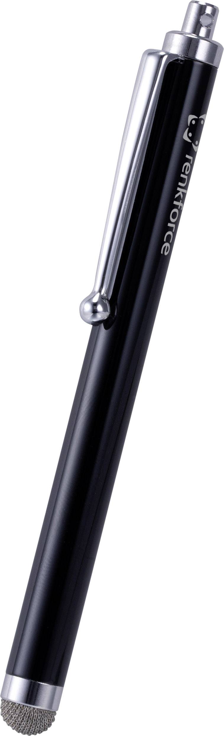 Een zwarte pen met een zilveren clip, geschikt voor touchscreen-apparaten.