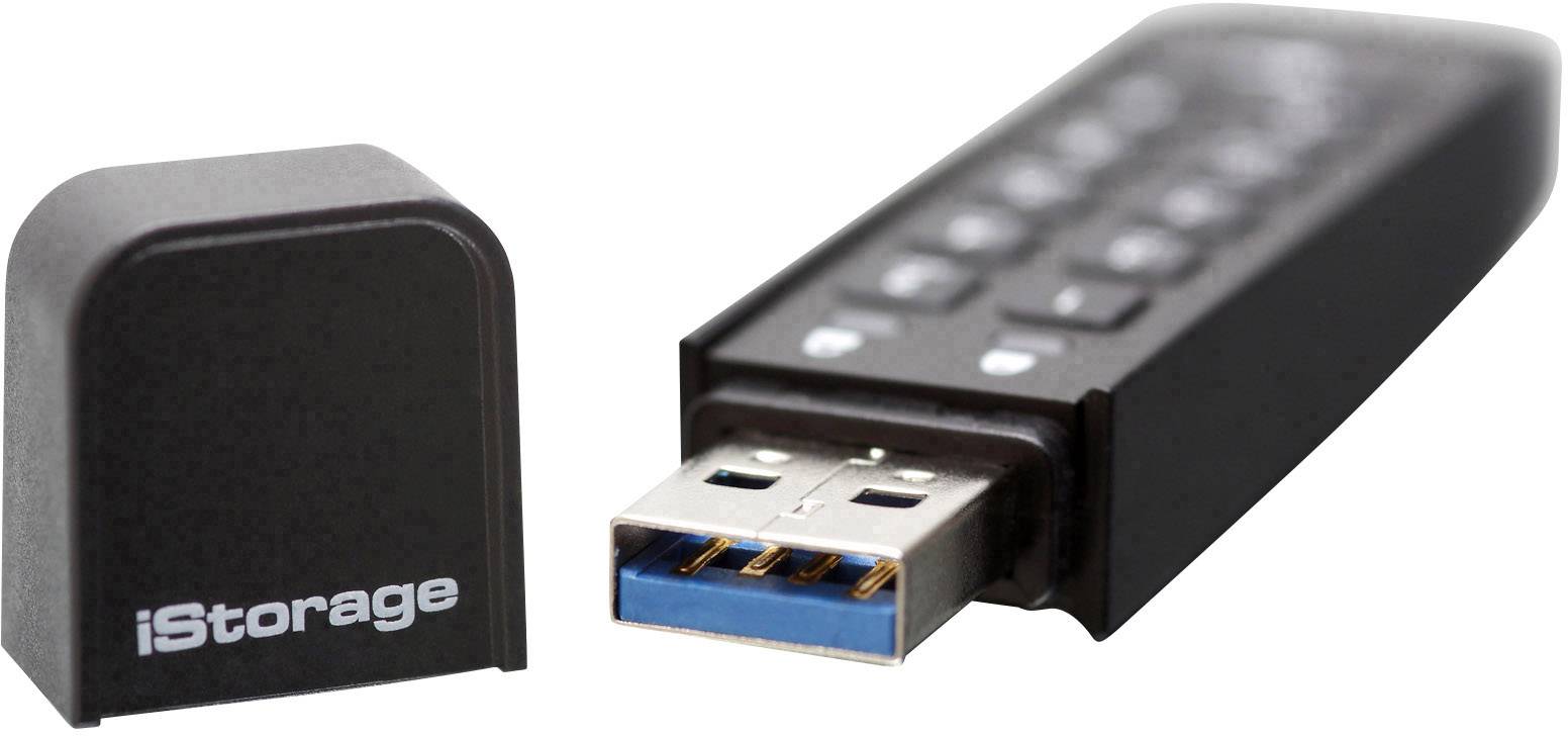 USB-stick met afneembare dop en toetsen voor het invoeren van de toegangscode, merk 'iStorage', voor veilige gegevensopslag.