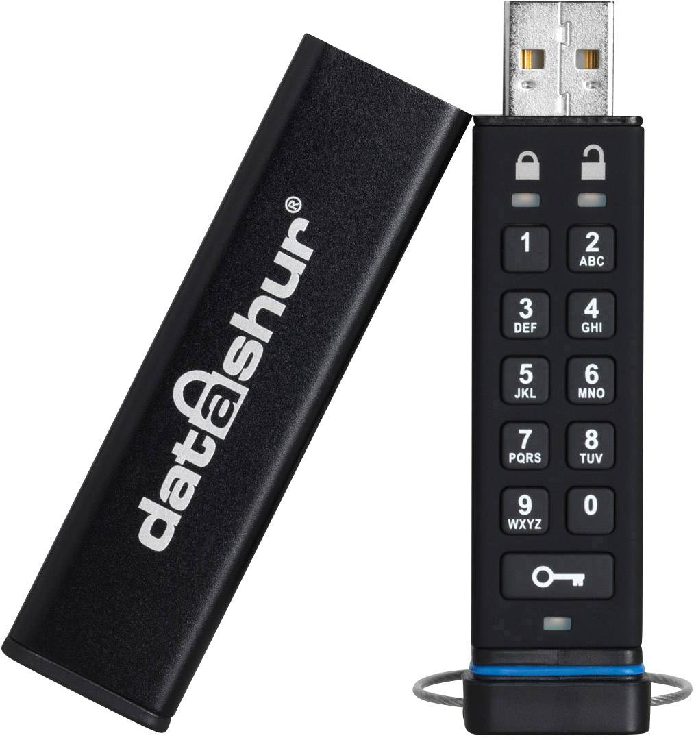 USB-stick met numeriek toetsenbord voor het invoeren van een PIN-code, gemarkeerd met 'datashur'. Beveiligingsapparaat voor gegevensversleuteling.