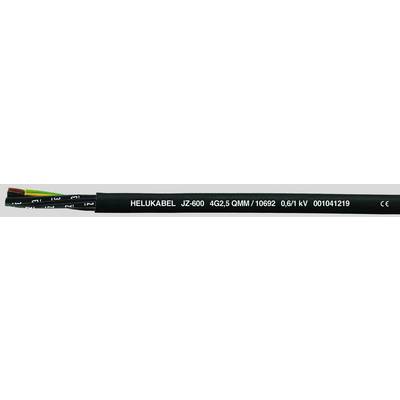 Kabel met opschrift 'HELUKABEL JZ-600 4G2,5 QMM 10082 0461NV 001014219'. Zwarte kabel met meerdere draadaders.