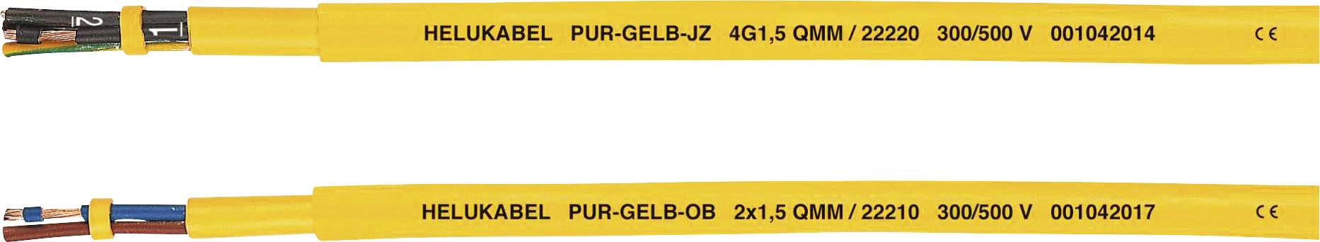 Twee gele kabels met opschrift 'HELUKABEL PUR-GELB-JZ 4G1,5' en 'HELUKABEL PUR-GELB-OB 2x1,5'. Spanningsopgave: 300/500 V.