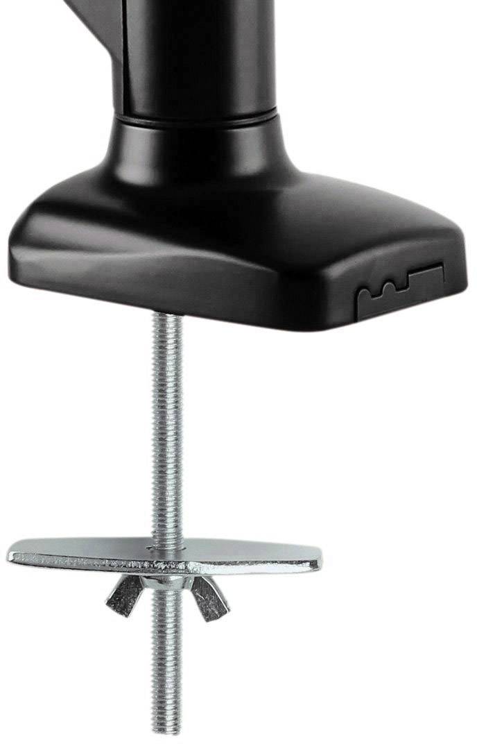 Klembevestiging van een monitorarm met schroef bevestigd aan een tafel.