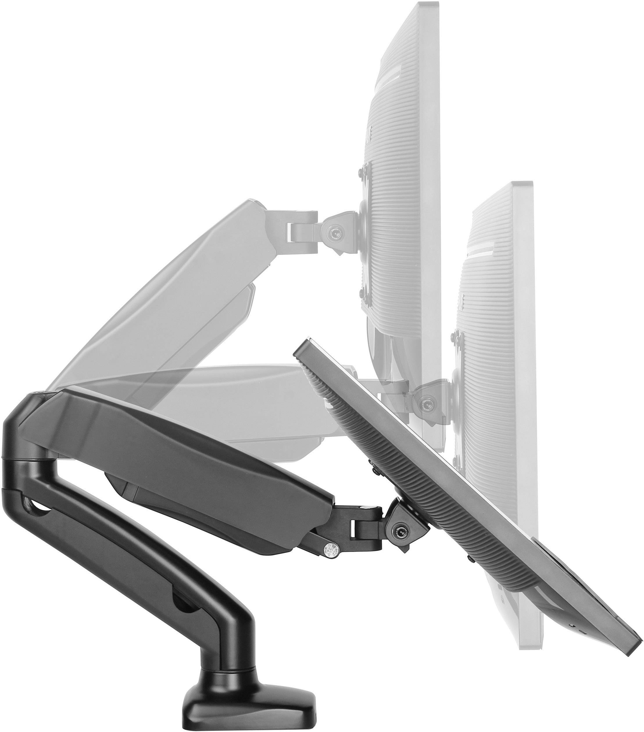 Dubbele monitorarm toont verschillende kantelhoeken van een monitor. Aanpasbaarheid en flexibiliteit worden geïllustreerd.