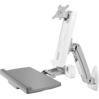 Een witte, verstelbare monitorarm met een grijs toetsenbordplateau, geschikt voor ergonomische werkplekken.