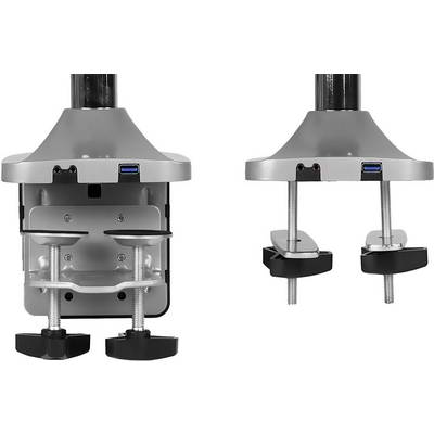 Twee tafelbevestigingen met klemmen en USB-aansluitingen in zilver en zwart. Links gemonteerd, rechts weergegeven in losse onderdelen.