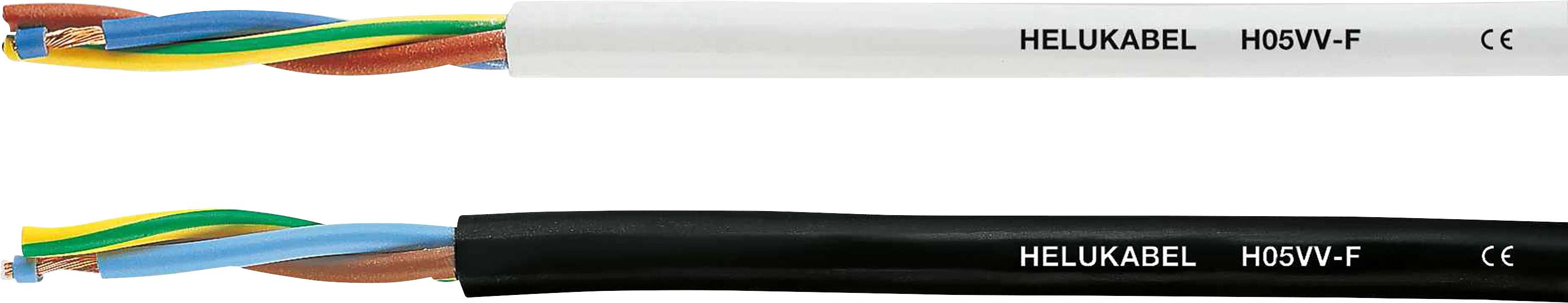 Twee kabeltypen, een witte en een zwarte, beide voorzien van de opdruk 'HELUKABEL H05VV-F', tonen geïsoleerde draden in verschillende kleuren.
