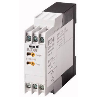 Een wit elektrisch relais van Eaton met de aanduidingen 'Range' en 'Time' op de voorkant, gebruikt voor het aansturen van tijdfuncties.